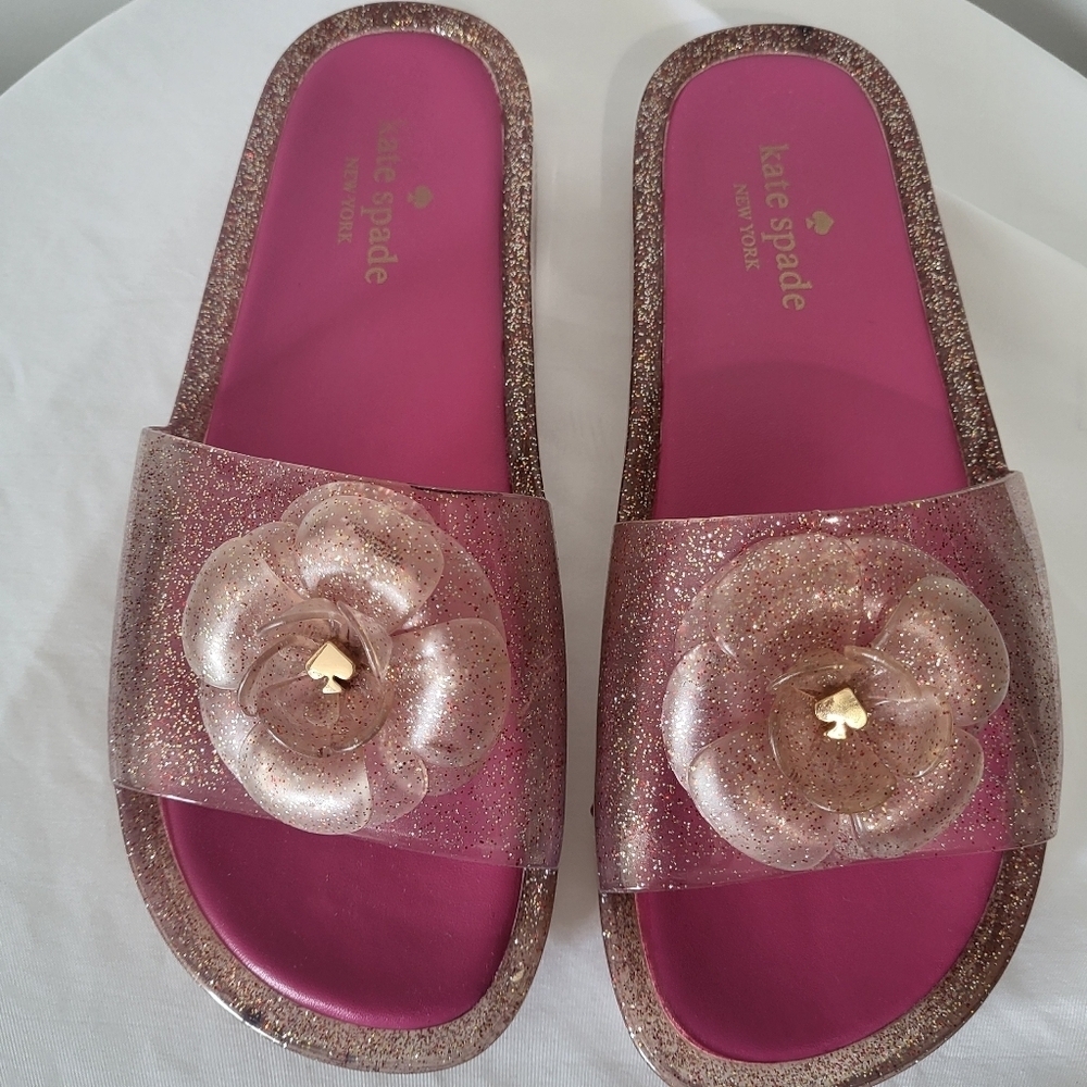 Kate Spade Pink Confetti Sparkly Jelly Slides Sandals Footbed Size 9
